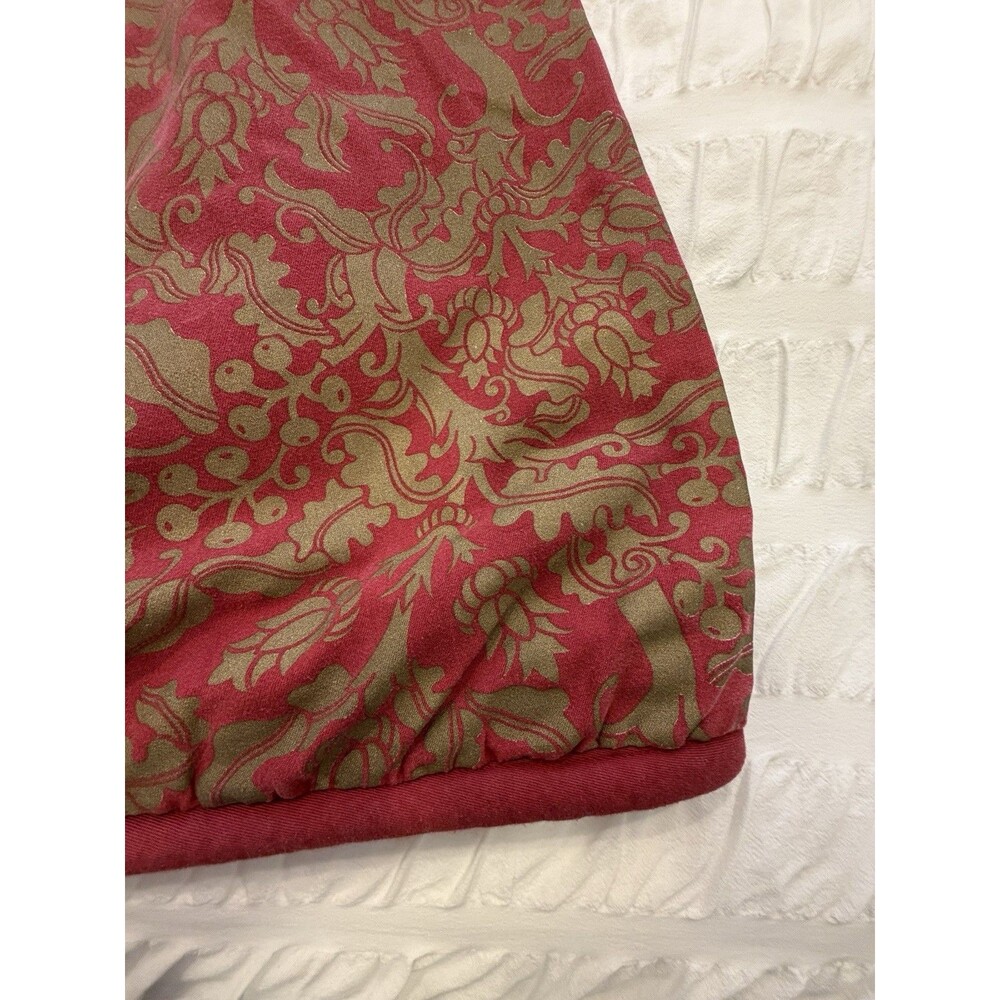 Tablecloth, 90” Round, red and gold damask with floral and scroll design